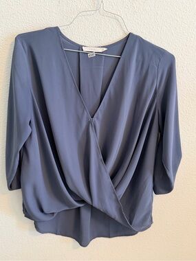Lush Slate Blue Wrap-Style V-Neck Blouse